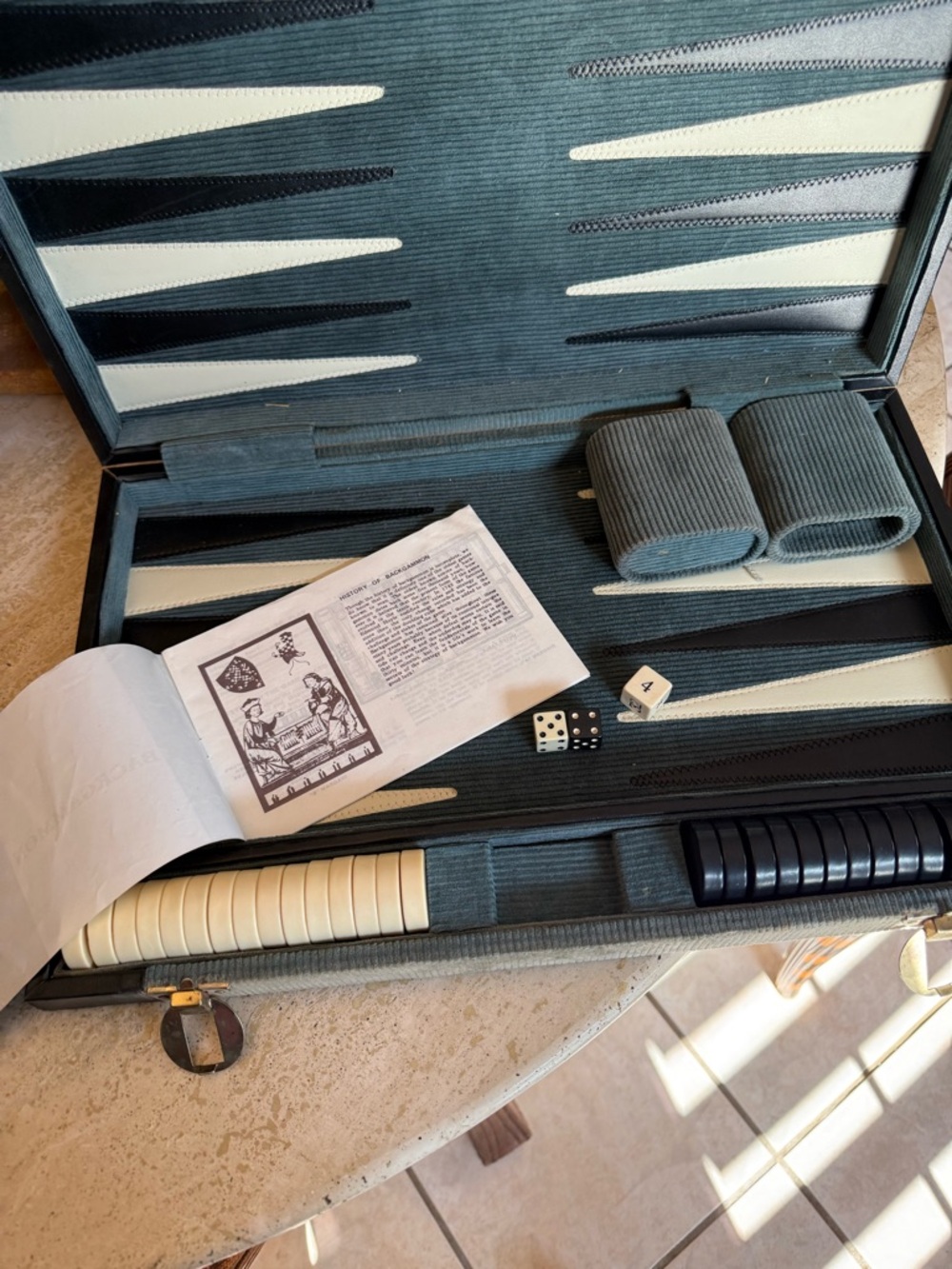 Vintage Backgammon Set in Teal with Cream and Black Pieces